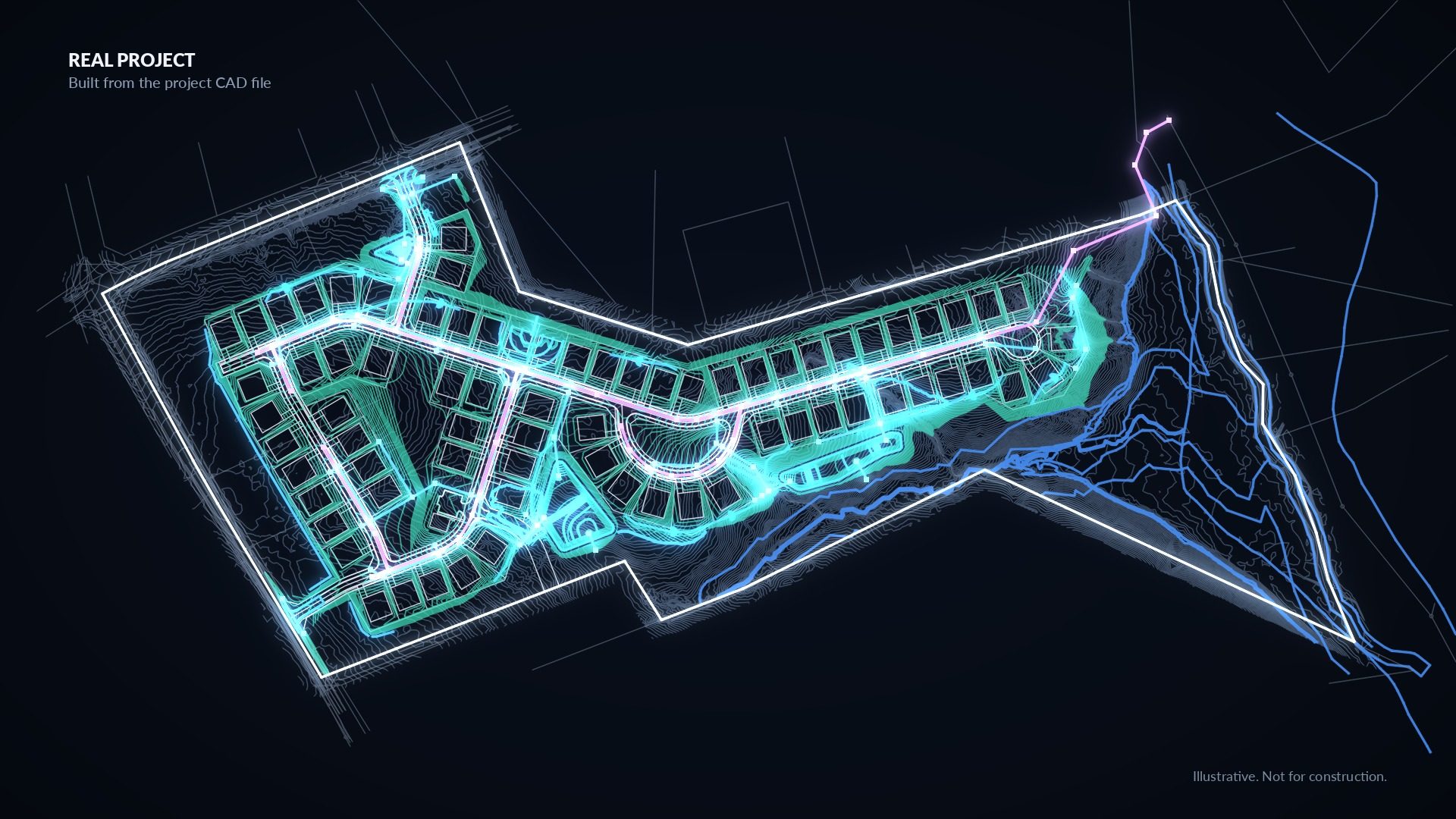 Site plan of the real project: roads, lots, ponds, grading, storm and sewer