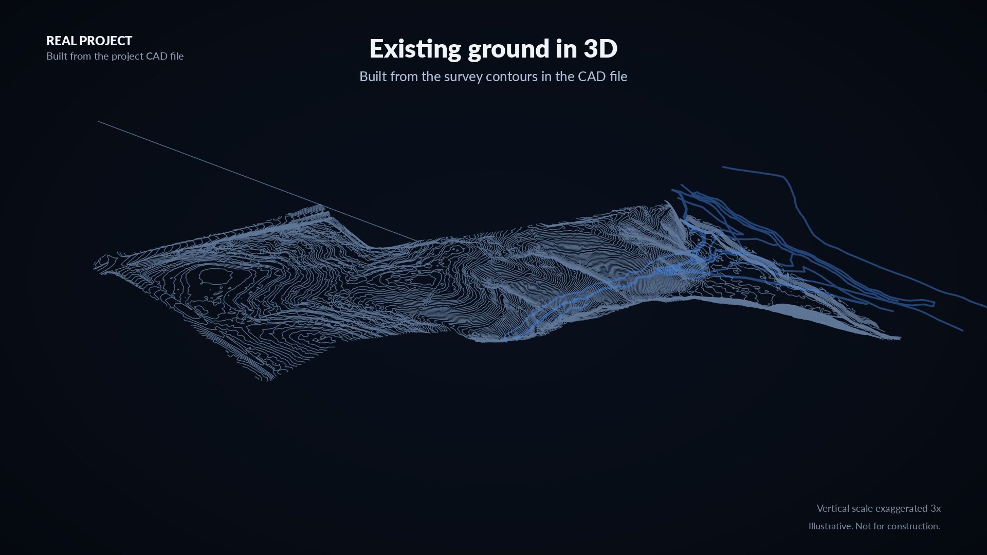 Existing ground of the real project in 3D, from the survey contours