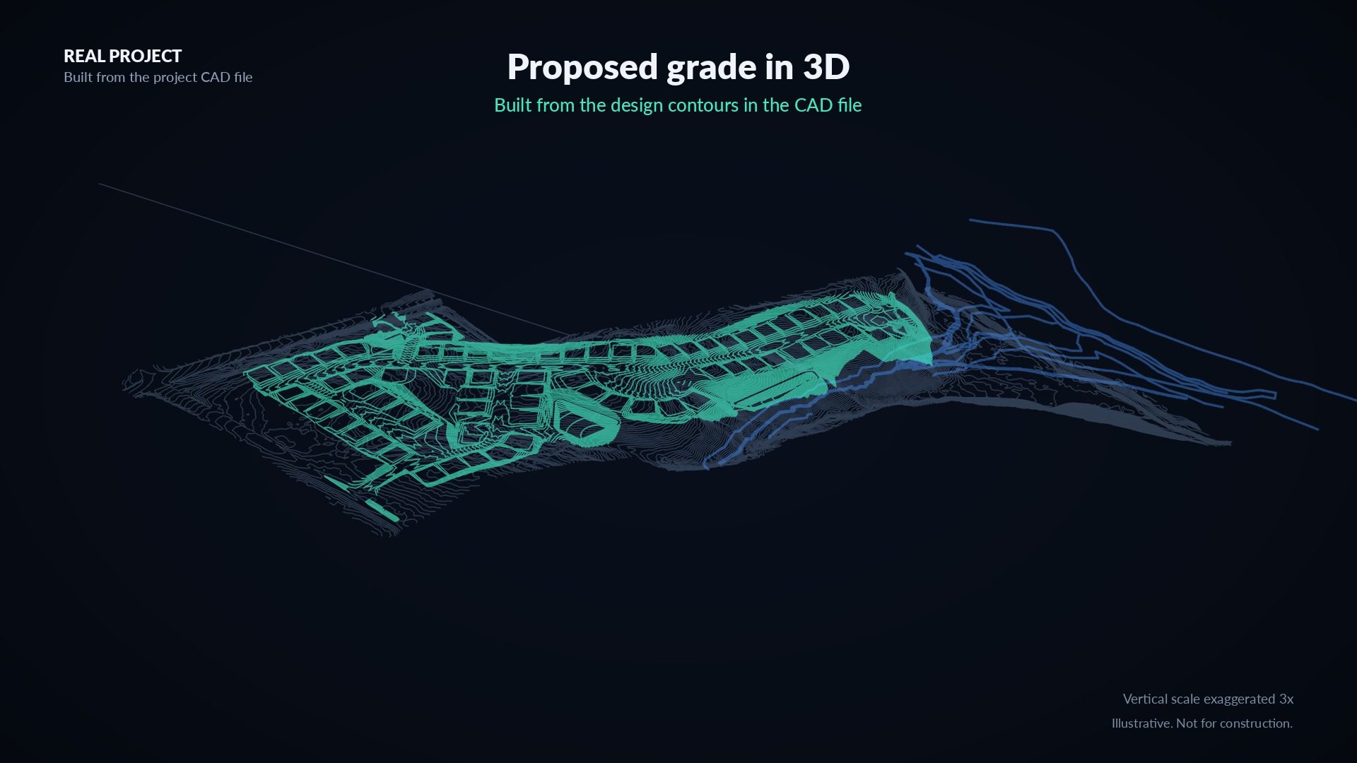 Proposed grade of the real project in 3D, from the design contours