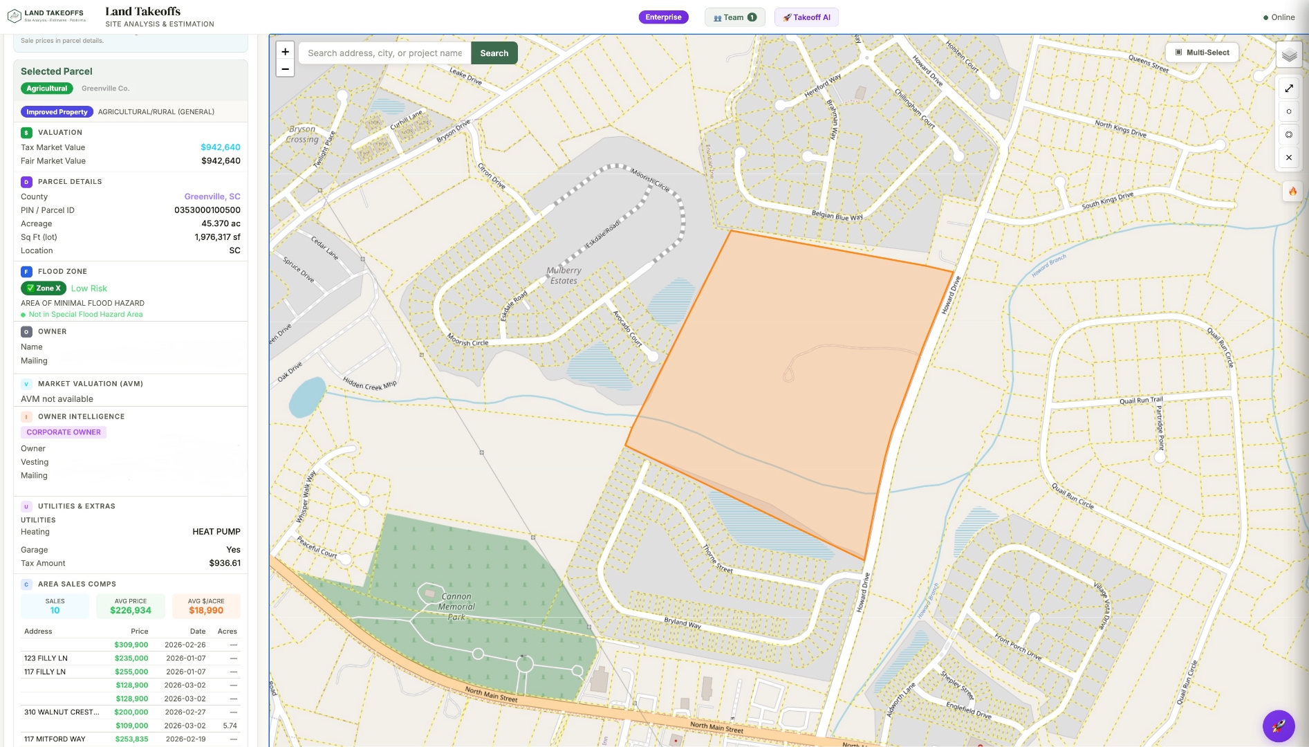 Land Takeoffs — Interactive GIS map showing a selected 45-acre parcel in Greenville County with owner data, flood zones, valuations, and comparable sales