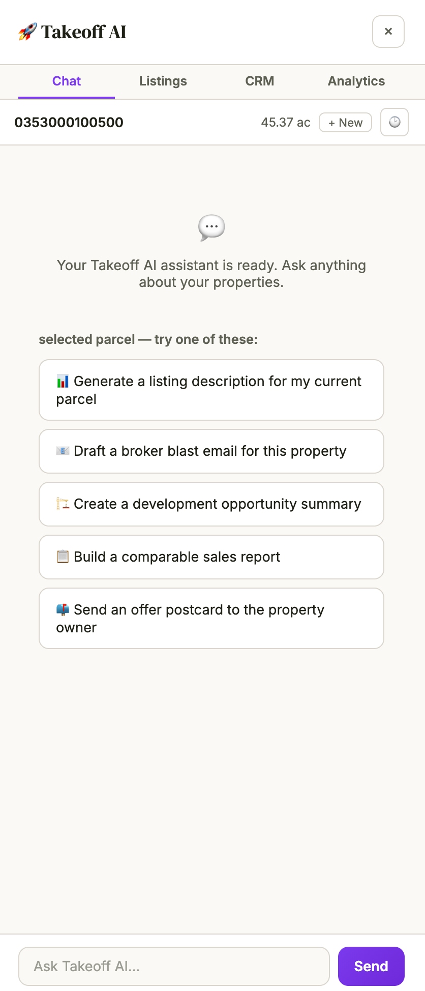 Takeoff AI chat interface with parcel context, listing generation, broker emails, CRM, and analytics tabs